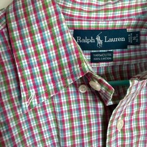 Ralph Lauren Men's Yarmouth 100% Cotton Pink Green Plaid Shirt Long Sleeve 16